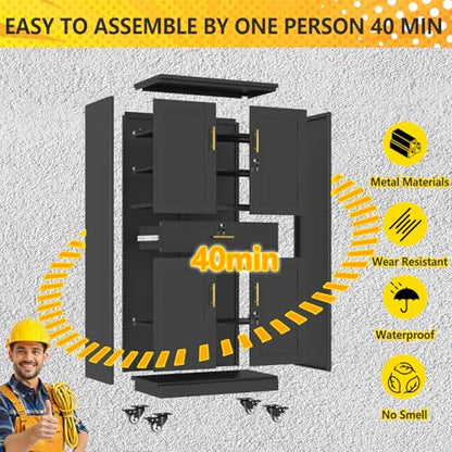 pozdeg 74" Black Lockable Rolling Metal Garage Storage Cabinet - color: Black