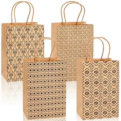 Elsjoy 100 Pack 4 Styles 5" x 8" Small Kraft Paper Gift Bags with Handles, Brown Paper Party Favor Bags, Vintage Paper Goodie Bags for Wedding, Birthday