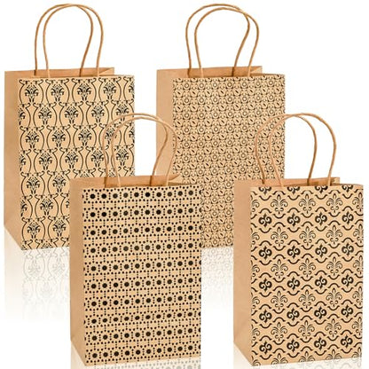 Elsjoy 100 Pack 4 Styles 5" x 8" Small Kraft Paper Gift Bags with Handles, Brown Paper Party Favor Bags, Vintage Paper Goodie Bags for Wedding, Birthday