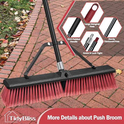 TidyBliss 24” Large Push Broom Outdoor Heavy Duty with 63” Long Handle - color: Red
