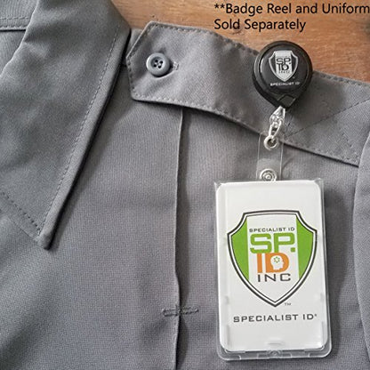 Bulk 50 Pack - Slim Heavy Duty Badge Holders - Hard Plastic Frosted Polycarbonate (Holds 1 Card) Rigid Top Load Single Card Case - Vertical Easy Access Thumb Slide & ID Protection by Specialist ID - size: 50 Pack