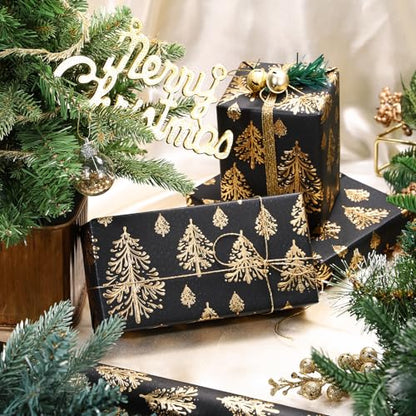 WRAPAHOLIC 3D Kraft Christmas Wrapping Paper Roll - Mini Roll - 17 Inch x 16.5 Feet - Gold and Black Christmas Tree Wrapping Paper with Embossed Perfect for Holiday, Party Celebration - color: Christmas Tree - Black & Gold, size: 17 inch x 16.5 feet