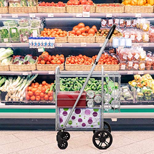 ARLIME Folding Shopping Cart, Double Basket Supermarket Cart with Adjustable Wide Cushion Handle Bar and Swivel Wheels, Suitable for Grocery Book Luggage Travel Laundry, Large Utility Carts (Silver)