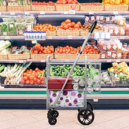 ReunionG Folding Shopping Cart, Double Basket Supermarket Cart with Adjustable Wide Cushion Handle Bar and Swivel Wheels, Suitable for Grocery Book Luggage Travel Laundry, Large Utility Carts (Silver)