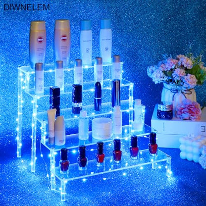5 Tier Acrylic Risers with Blue LED Light - Acrylic Display Stands for Countertop Organizer, Collections and Cosmetics - color: Clear with Blue Light