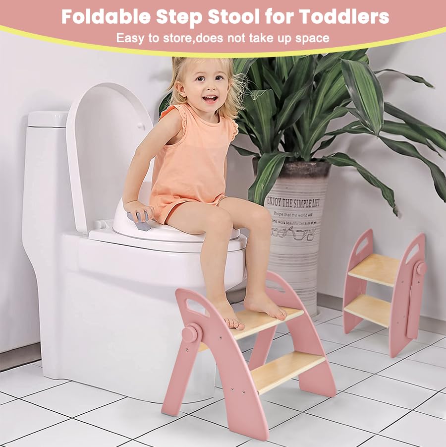 Wooden 2 Step Stool for Toddlers, Foldable 2-Step with Non-Slip Pads and Handles, Bamboo Step Stool for Kids Bathroom Sink and Potty Training, Kitchen Helper, Nursery Bedroom (Pink) - color: Pink
