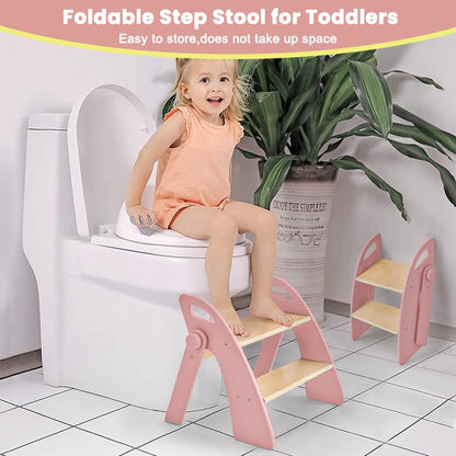 Wooden 2 Step Stool for Toddlers, Foldable 2-Step with Non-Slip Pads and Handles, Bamboo Step Stool for Kids Bathroom Sink and Potty Training, Kitchen Helper, Nursery Bedroom (Pink) - color: Pink
