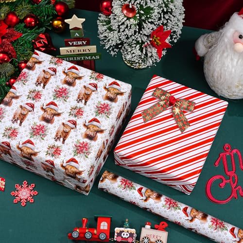 ZINTBIAL Highland Cow Reversible Christmas Wrapping Paper Roll - Gift Wrap with Red & White Stripes on Reverse - Perfect for Holidays, Birthdays, and Halloween - 17.5 in x 33 ft (48 sq. ft) - color: Highland Cow-Christmas