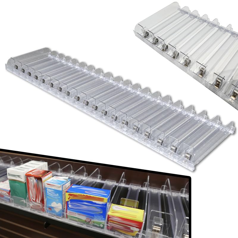 Auto Feed Shelf Product Pusher Kit, Adjustable Width Spring Loaded Merchandise Glider Pushing System, Kit for [1] 12" D x 24" L Shelf - [9 Shelf Pushers + 10 Dividers] - size: 24" Kit