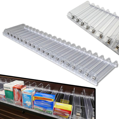 Auto Feed Shelf Product Pusher Kit, Adjustable Width Spring Loaded Merchandise Glider Pushing System, Kit for [1] 12" D x 24" L Shelf - [9 Shelf Pushers + 10 Dividers] - size: 24" Kit