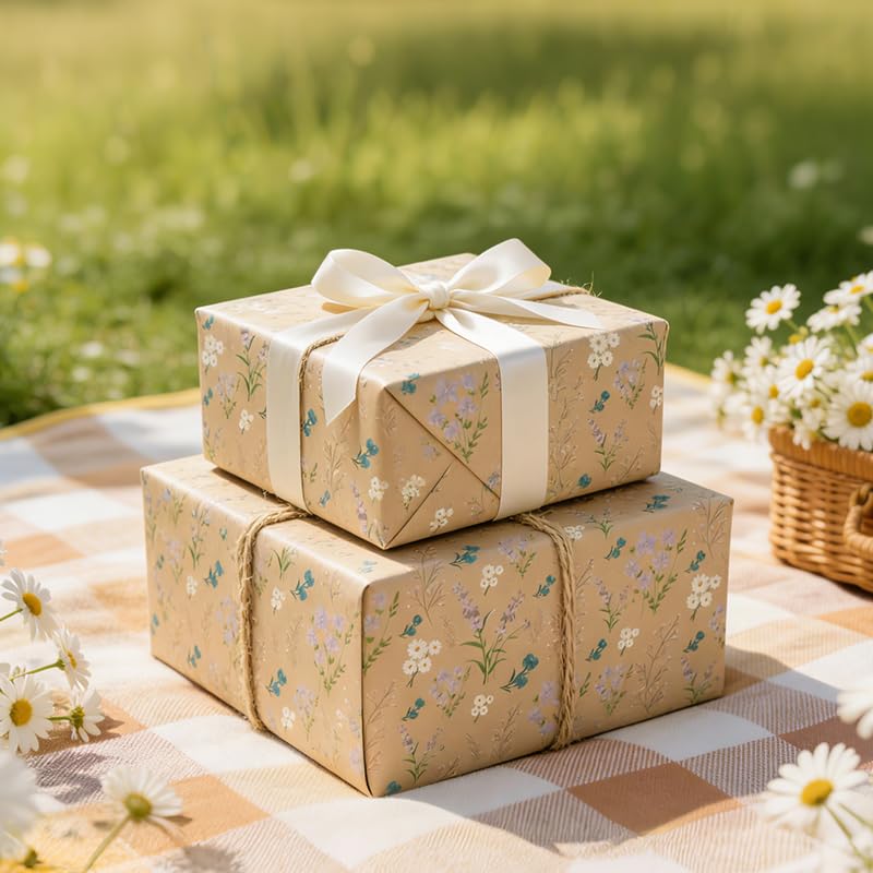 BBUP Wildflower Floral Wrapping Paper – Vintage Botanical Kraft Gift Wrap Roll for Wedding, Bridal Shower, Birthday & DIY Crafts (17 Inches x 9.84 Feet)