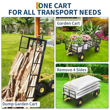 Garvee 900 lbs Steel Garden Dump Cart with Removable Sides, Convert to Flatbed, Heavy Duty Yard Cart with 180°Rotating Handle & 10" All Terrain Wheels, Utility Dump Wagon for Lawn Farm Backyard - color: Black