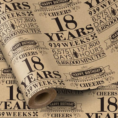 RUSPEPA 18th Birthday Wrapping Paper Roll, Black Design, 17" x 16.4 ft, Perfect for Birthdays & Parties - color: 18th Birthday