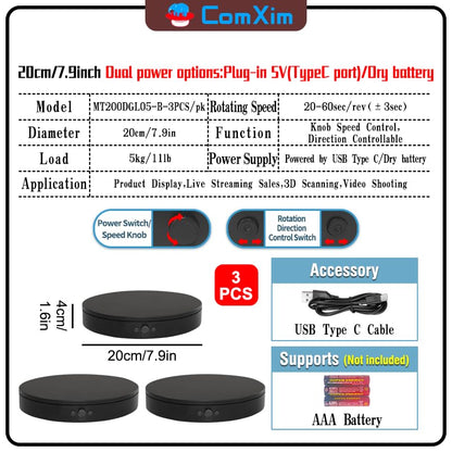 Rotating Display Stand Easy to Switch Direction, Adjustable Speed, Used for Product Display, Jewelry, Shoes Shooting and Display (7.87inch/Black/(3PCS per pack)) - color: 7.87inch/Black/(3PCS per pack)
