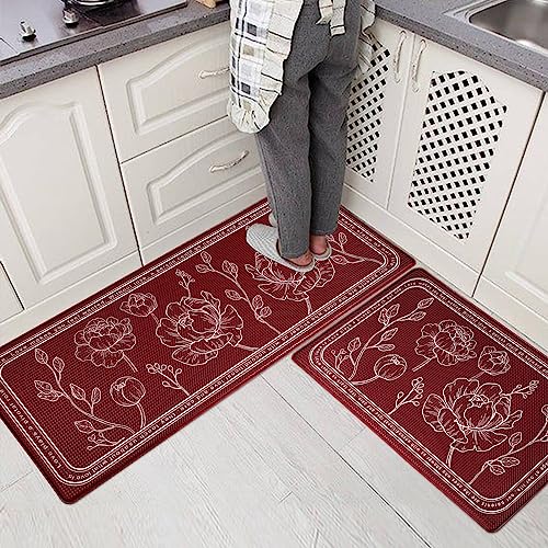 Kitchen Floor Mat Set of 2, Anti Fatigue Kitchen Mat 20"x32"+20"x47" - color: Red, size: 20"x32"+20"x48"