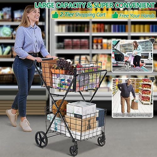 Spurgehom 2-Tier Shopping Cart for Groceries Folding Grocery Cart On Wheels with Removable Double Baskets 360° Rolling Utility Cart with Oxford Cloth Liner, Black - size: Extra Large