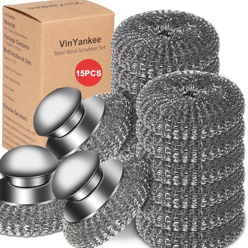 15pcs Steel Wool Scrubber with Replacement Wire Sponge Pads, Steel Scrubber - size: 3 Handle+12 Pads