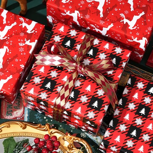 Ulmasinn Reversible Christmas Wrapping Paper - 17" x33ft Double Sided, Red Nordic Reindeer & Snowflake, Heavy Duty & Wrinkle-Free, Xmas Gift Wrap for Presents - color: Christmas Red Reindeer