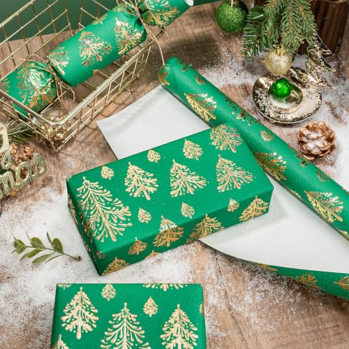 WRAPAHOLIC 3D Kraft Christmas Wrapping Paper Roll - 30 Inch x 16.5 Feet - Gold and Green Christmas Tree Wrapping Paper with Embossed Perfect for Holiday, Party Celebration - color: Christmas Tree - Green & Gold, size: 30 inch x 16.5 feet