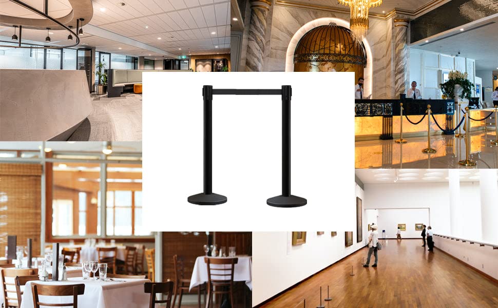 Montour Line M650 Set of 2 Retractable Belt Barrier Stanchion, Sloped Base, Satin Stainless Steel Post (14 ft Black and Yellow Diagonal Belt) - color: Black and yellow diagonal, size: Satin Stainless Steel