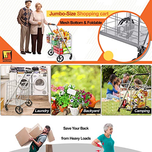 Wellmax Heavy Duty Grocery Cart, Metal Folding Shopping Cart, 160 lb Max - size: Jumbo