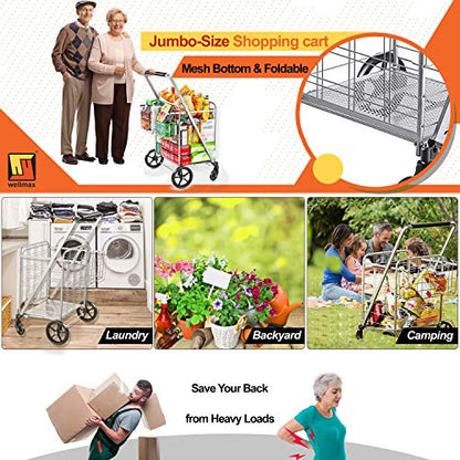 Wellmax Heavy Duty Grocery Cart, Metal Folding Shopping Cart, 160 lb Max - size: Jumbo