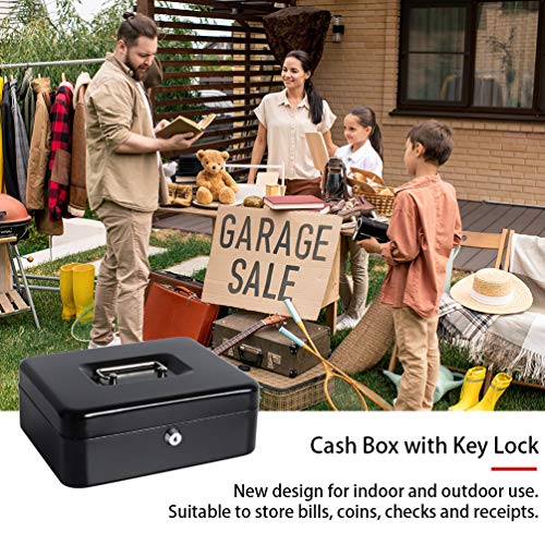 Cash Box with Money Tray, Parrency Large Money Box with Key Lock, 9.8 x 7.9 x 3.5 inches, Black - color: Black, size: Large（9.84")