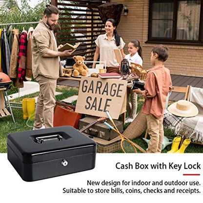 Cash Box with Money Tray, Parrency Large Money Box with Key Lock, 9.8 x 7.9 x 3.5 inches, Black - color: Black, size: Large（9.84")