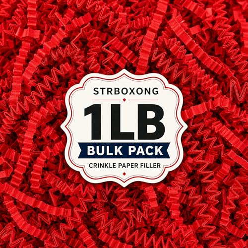 STRBOXONG Red Crinkle Paper Filler 1 LB, Recyclable Crinkle Cut Paper Shred for Gift Baskets, Gift Boxes, Gift Bags, Valentine Gifts, Christmas Party Favors, Birthday and Holiday Packaging - color: Red