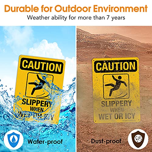 Slippery When Wet Or ICY Sign, Caution Sign, 4 Pack, 10" x 7" Rust Free .040 Aluminum, UV Protected, Waterproof, Weatherproof and Fade Resistant, 4 Pre-drilled Holes - color: YELLOW - 4 Pack