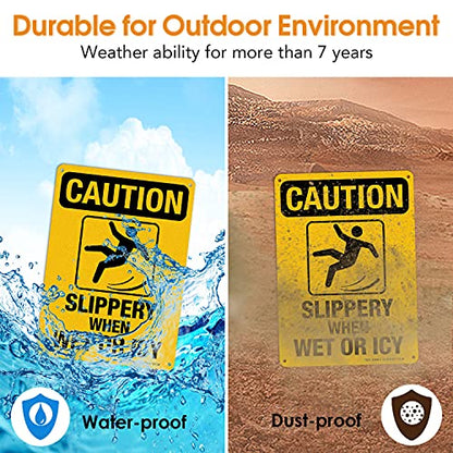 Slippery When Wet Or ICY Sign, Caution Sign, 4 Pack, 10" x 7" Rust Free .040 Aluminum, UV Protected, Waterproof, Weatherproof and Fade Resistant, 4 Pre-drilled Holes - color: YELLOW - 4 Pack