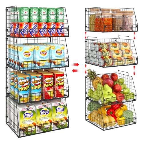 4 Pack XXL Stackable Wire Storage Basket, Extra Large Capacity Pantry Organizer and Storage, Muti-Purpose for Vegetable Fruit Basket & Can Organizer & Snack Rack & Metal Pantry Bin - size: 4 Pack-Wide 15.4"W x 11.8"D