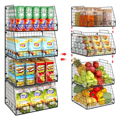 4 Pack XXL Stackable Wire Storage Basket, Extra Large Capacity Pantry Organizer and Storage, Muti-Purpose for Vegetable Fruit Basket & Can Organizer & Snack Rack & Metal Pantry Bin - size: 4 Pack-Wide 15.4"W x 11.8"D
