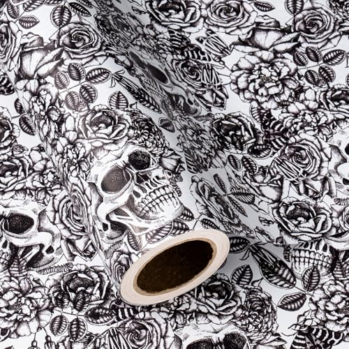 WRAPAHOLIC Halloween Wrapping Paper Roll - Mini Roll - 17 Inch x 16.5 Feet - Black and White Gothic Roses Floral Moth Skull Wrapping Paper for Halloween, Birthday, Holiday, Party - color: Skull & Floral - Balck and White
