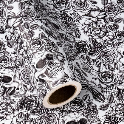 WRAPAHOLIC Halloween Wrapping Paper Roll - Mini Roll - 17 Inch x 16.5 Feet - Black and White Gothic Roses Floral Moth Skull Wrapping Paper for Halloween, Birthday, Holiday, Party - color: Skull & Floral - Balck and White
