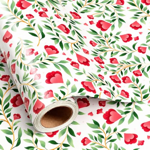 Burymento Floral Gift Wrapping Paper Roll for Women Girls - color: White - Red Floral