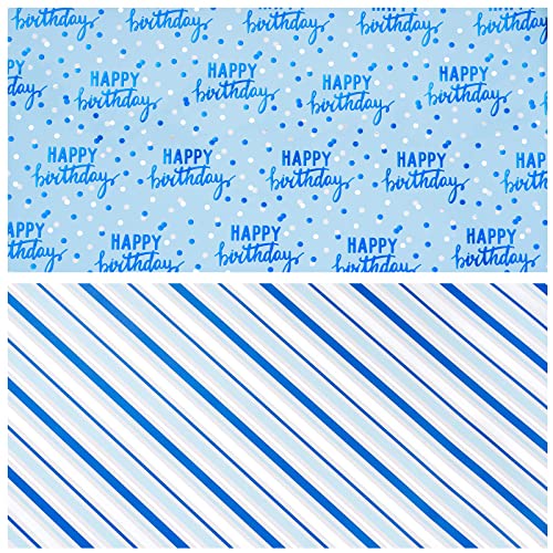 LeZakaa Reversible Blue Birthday Wrapping Paper Roll for Boys Men, Happy Birthday Lettering & Stripe Pattern with Metallic Foil in Blue, Mini Roll, 17 inches x 32.8 Feet (46.45 sq.ft.) - color: Birthday - Metallic Blue, size: 17" X 32.8 ft