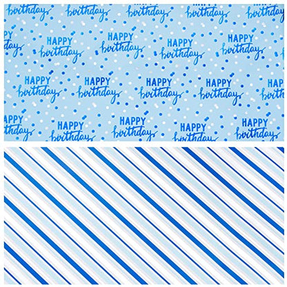 LeZakaa Reversible Blue Birthday Wrapping Paper Roll for Boys Men, Happy Birthday Lettering & Stripe Pattern with Metallic Foil in Blue, Mini Roll, 17 inches x 32.8 Feet (46.45 sq.ft.) - color: Birthday - Metallic Blue, size: 17" X 32.8 ft