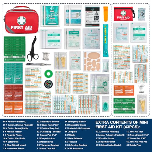 General Medi 2-in-1 First Aid Kit (215 Piece Set) + 43 Piece Mini First Aid Kit -Includes Ice(Cold) Pack, Moleskin Pad and Emergency Blanket for Travel, Home, Office, Car, Workplace