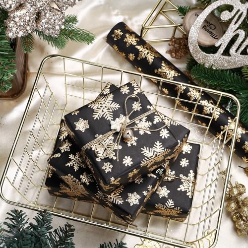 WRAPAHOLIC 3D Kraft Christmas Wrapping Paper Roll - Mini Roll - 17 Inch x 16.5 Feet - Gold and Black Snowflake Wrapping Paper with Embossed Perfect for Christmas, Holiday, Party Celebration - color: Christmas Snowflakes - Black & Gold, size: 17 inch x 16.