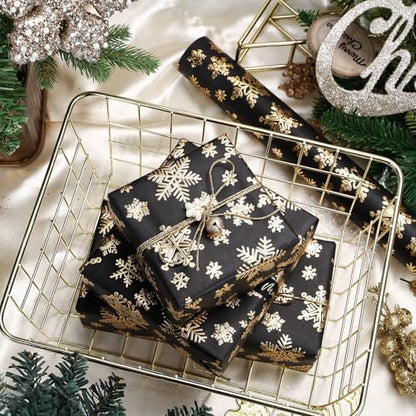 WRAPAHOLIC 3D Kraft Christmas Wrapping Paper Roll - Mini Roll - 17 Inch x 16.5 Feet - Gold and Black Snowflake Wrapping Paper with Embossed Perfect for Christmas, Holiday, Party Celebration - color: Christmas Snowflakes - Black & Gold, size: 17 inch x 16.