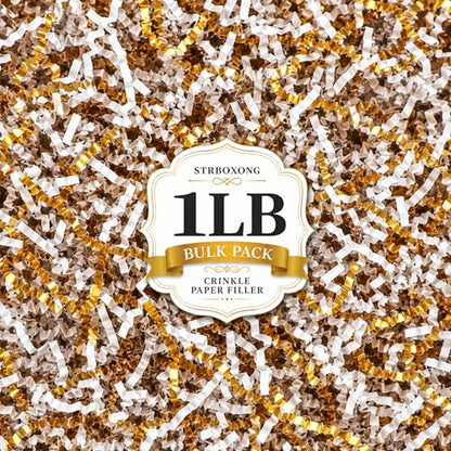 STRBOXONG White & Gold Crinkle Paper Filler 1 LB, Recyclable Crinkle Cut Paper Shred for Gift Baskets, Holiday Gift Boxes, Gift Bags, Party Favors, Wedding Favors and Retail Displays - color: White & Gold