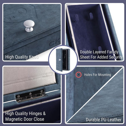 CKEYURE Premium XL PU Leather Faraday Box for Car Keys Wall Mount | Anti Theft Faraday Key Fob Protector | Faraday Cage | Car Key Holder | RFID Key Box | Key fob Signal Blocker - color: Blue