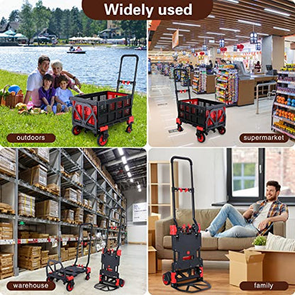 JJSMKCH 2-in-1 Hand Truck Dolly Cart Foldable with Folding Basket - color: B-red