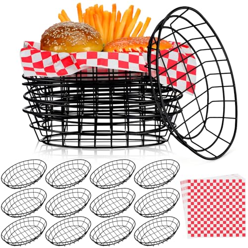 Hushee 12 Pcs Wire Fast Food Baskets Bulk, Bread Chip Basket, Black Oval - color: Black, style: Red White Plaid
