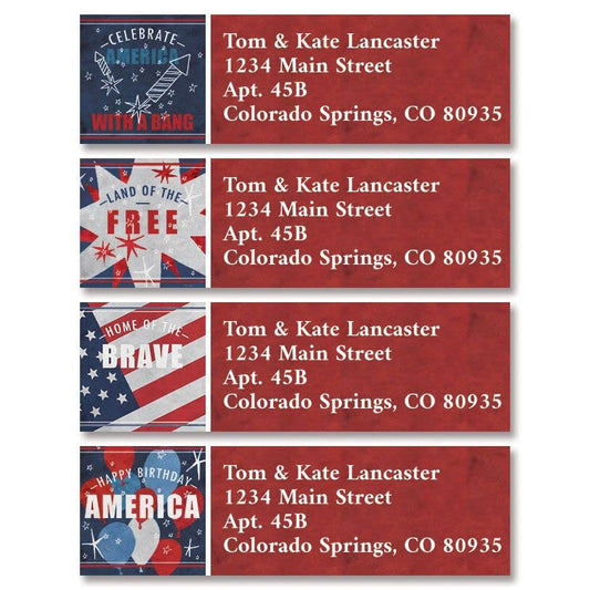 Colorful Images Patriotic Words Return Address Mailing Labels, Personalized in The USA with Names & Addresses, Set of 240 Self Adhesive, Easy Peel Flat Label Sheets, 2" x ⅝, 4 Designs - style: Patriotic Words