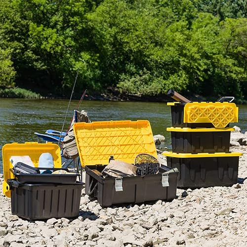 HOMZ Durabilt Plastic Storage Bins with Lids, 27 Gal, Black/Yellow, 4 Pack - color: Black Base/Yellow Lid, size: 27 Gallon (Pack of 4)