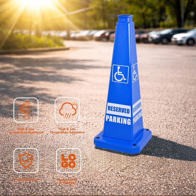 28inch 3PACK Safety Caution Cones with “ADA REVISED PARKING” Sign 4-Sided Printed. Heavy Rubber Weighted Base, For Parking Lot, Accessible Space and Facility Management Usage - color: ADA REVISED PARKING/BLUE, size: 28inch