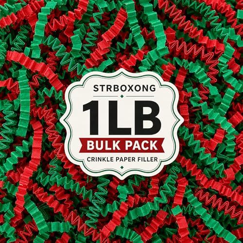 STRBOXONG Christmas Red Green Crinkle Paper Filler 1 LB, Recyclable Crinkle Cut Paper Shred for Holiday Gift Baskets, Christmas Gift Boxes, Gift Bags, Party Favors and Seasonal Packaging - color: Christmas Red & Green