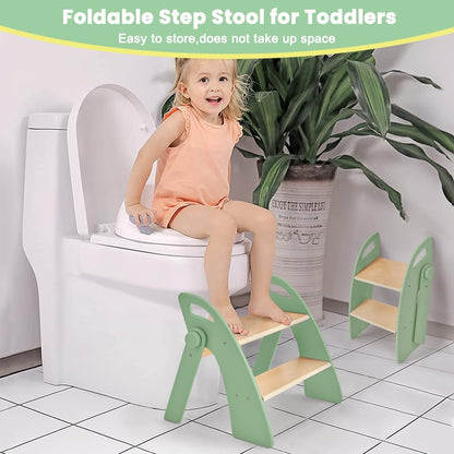 Wooden 2 Step Stool for Toddlers, Foldable 2-Step with Non-Slip Pads and Handles, Bamboo Step Stool for Kids Bathroom Sink and Potty Training, Kitchen Helper, Nursery Bedroom (Green) - color: Green